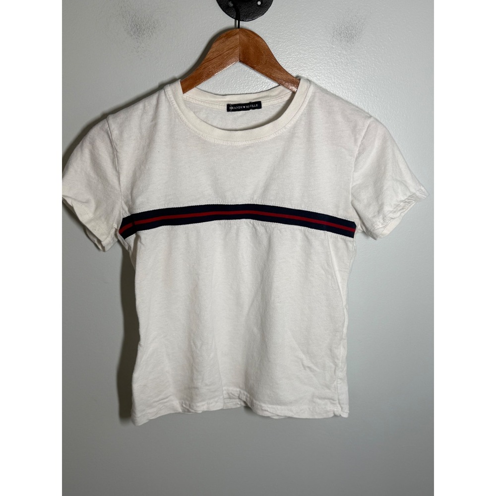 Brandy Melville Womens White Short Sleeve Tee Navy Red Stripe Chest One Size